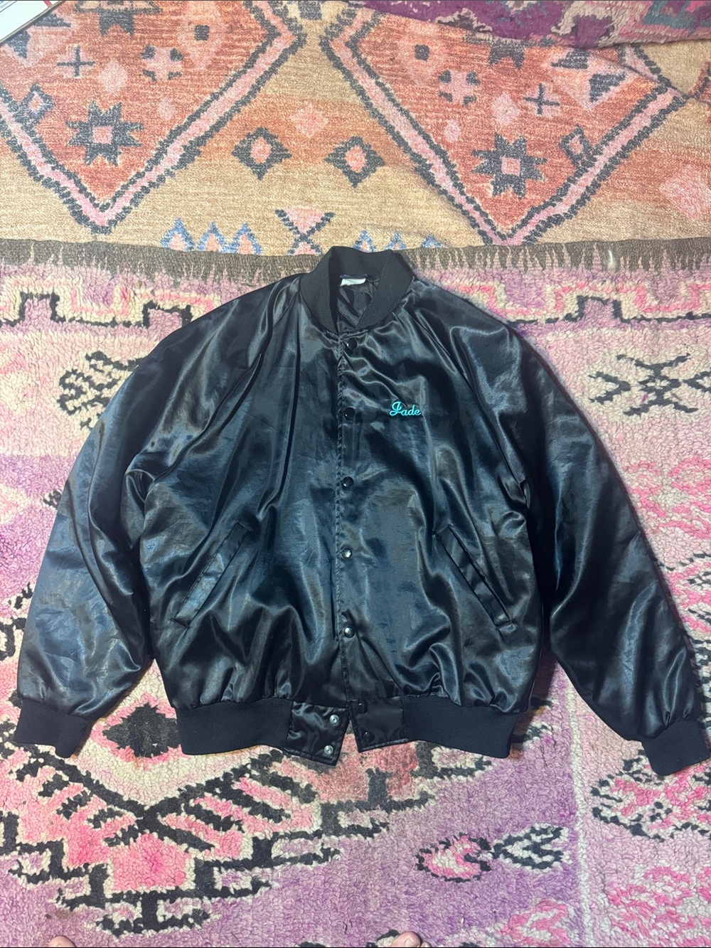 Black Bomber Jacket with Teal “Jade” Embroidery Size Large